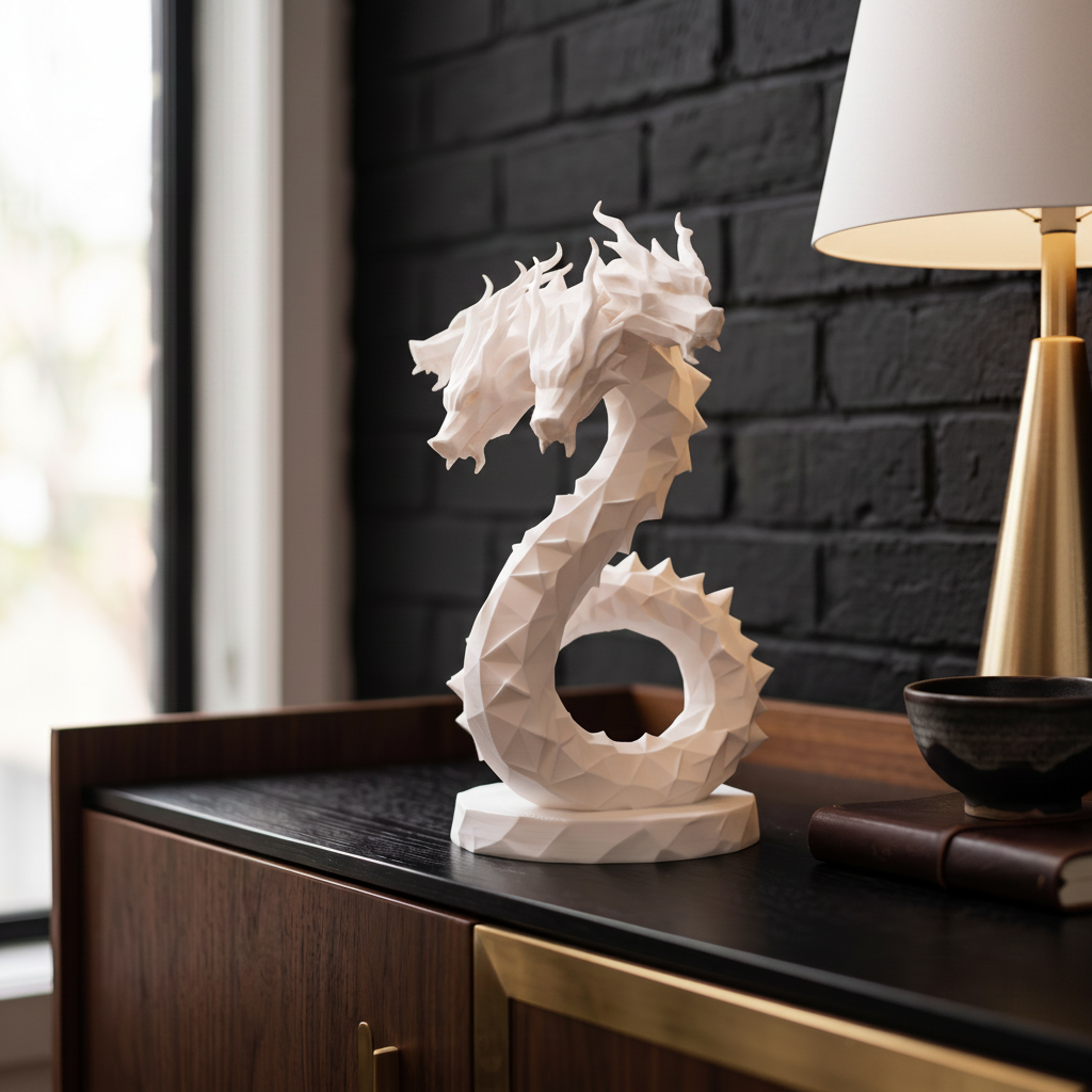 Low Poly Hydra Dragon Sculpture in beige — displayed on dark walnut sideboard with ceramic bowl and gold lamp, contemporary living room