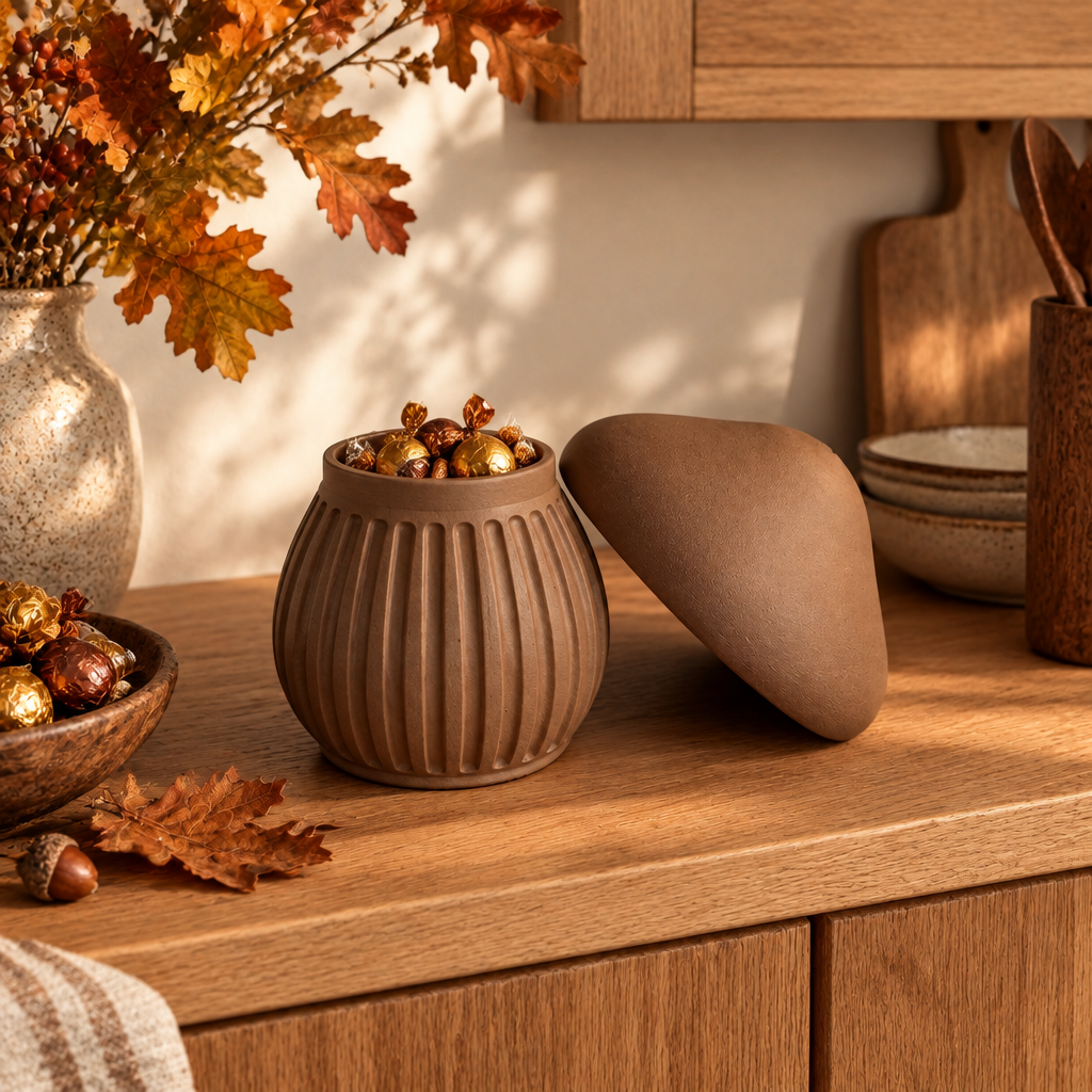 Brown ribbed mushroom container open on a kitchen shelf