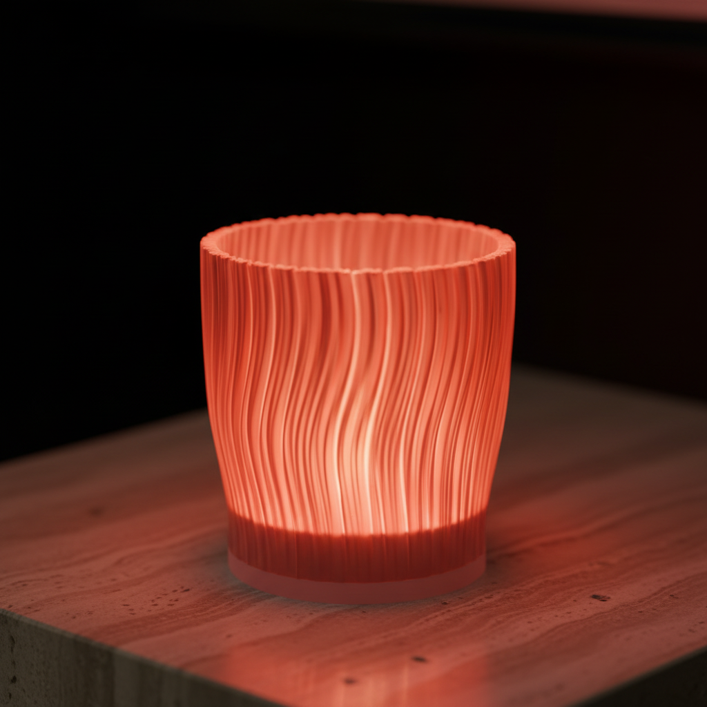 Ripple Edge Tealight Holder translucent coral red vertical wave-ripple texture intense LED glow close up macro dark studio travertine surface light spill wave ridge detail square editorial
