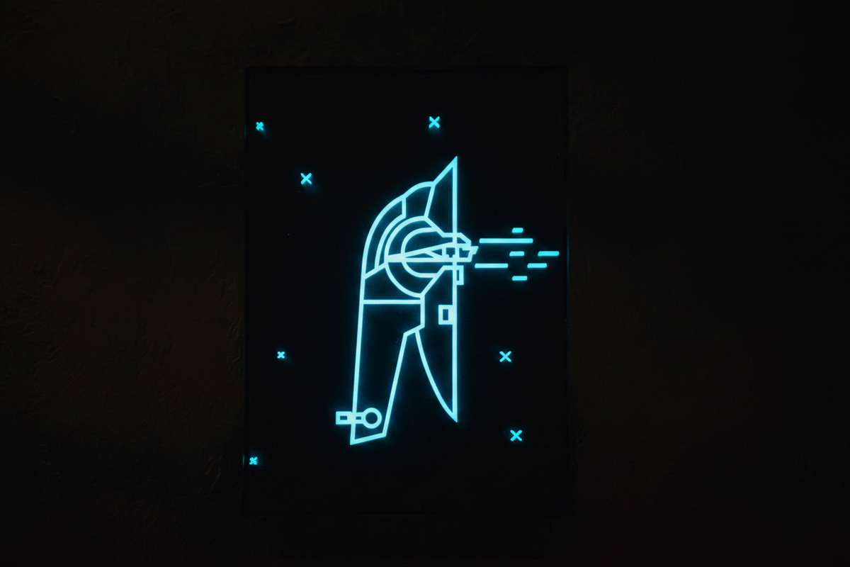 Slave I Neon Line Art shadow box glowing in the dark with vivid teal blue holographic Firespray silhouette and glowing cross star markers