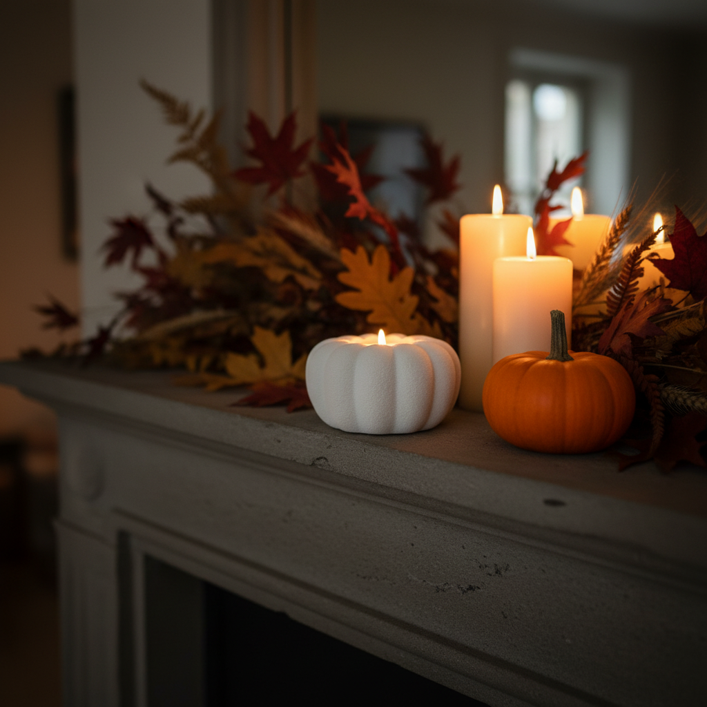 White ribbed pumpkin tealight holder glowing on stone mantelpiece with orange pumpkin autumn foliage lifestyle