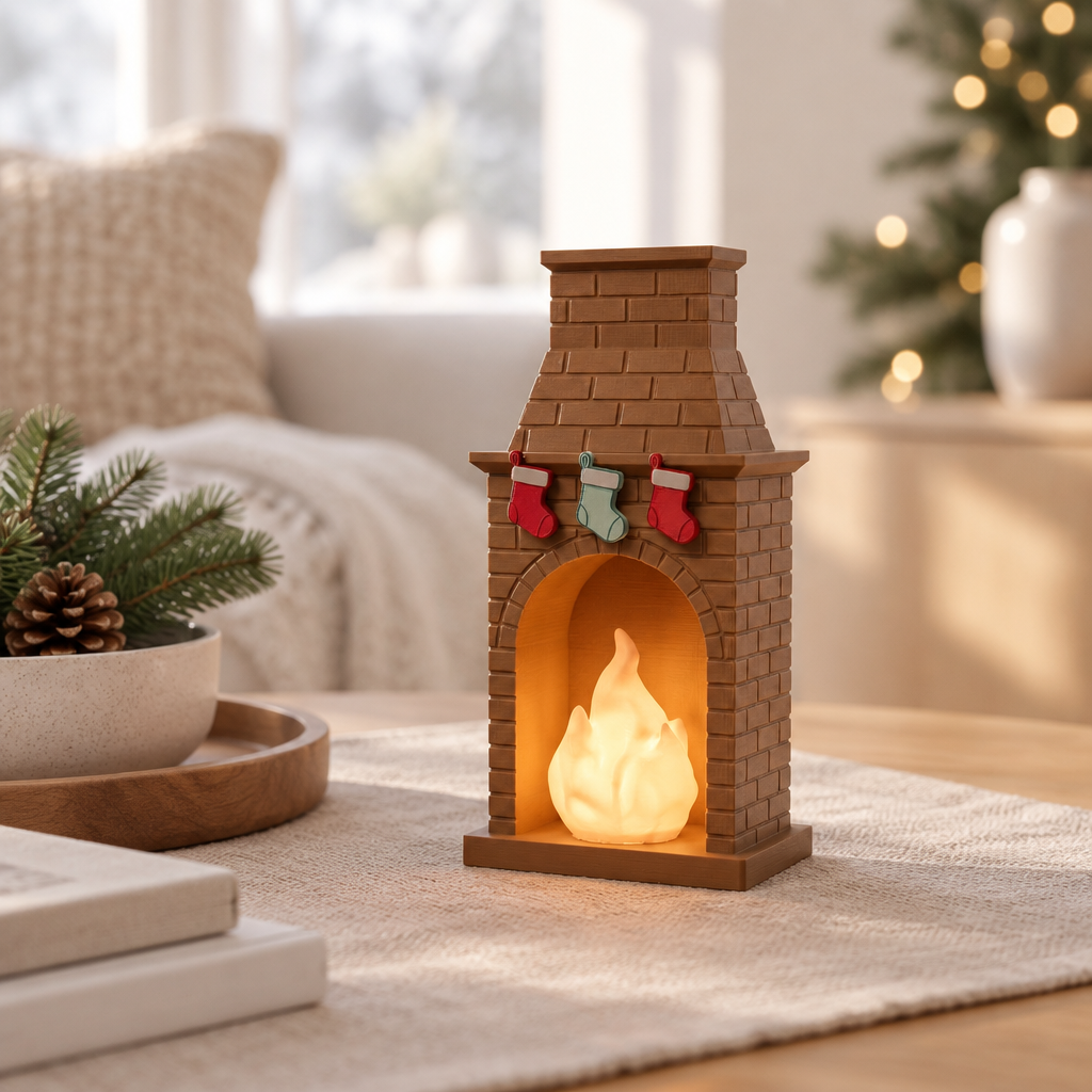 Miniature festive fireplace tealight holder on a coffee table in a neutral living room
