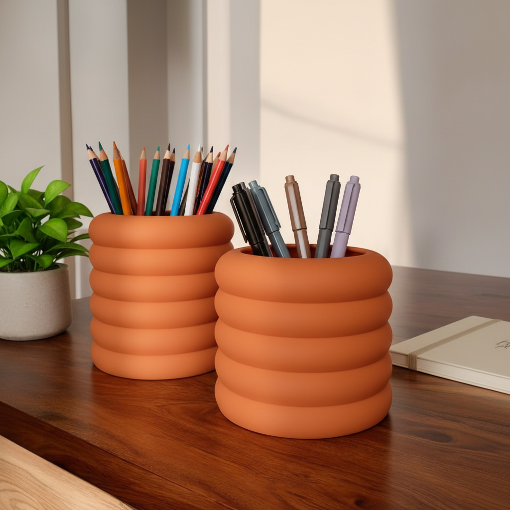 Terracotta orange bubble torus organizer set on wooden desk with pencils and notebook