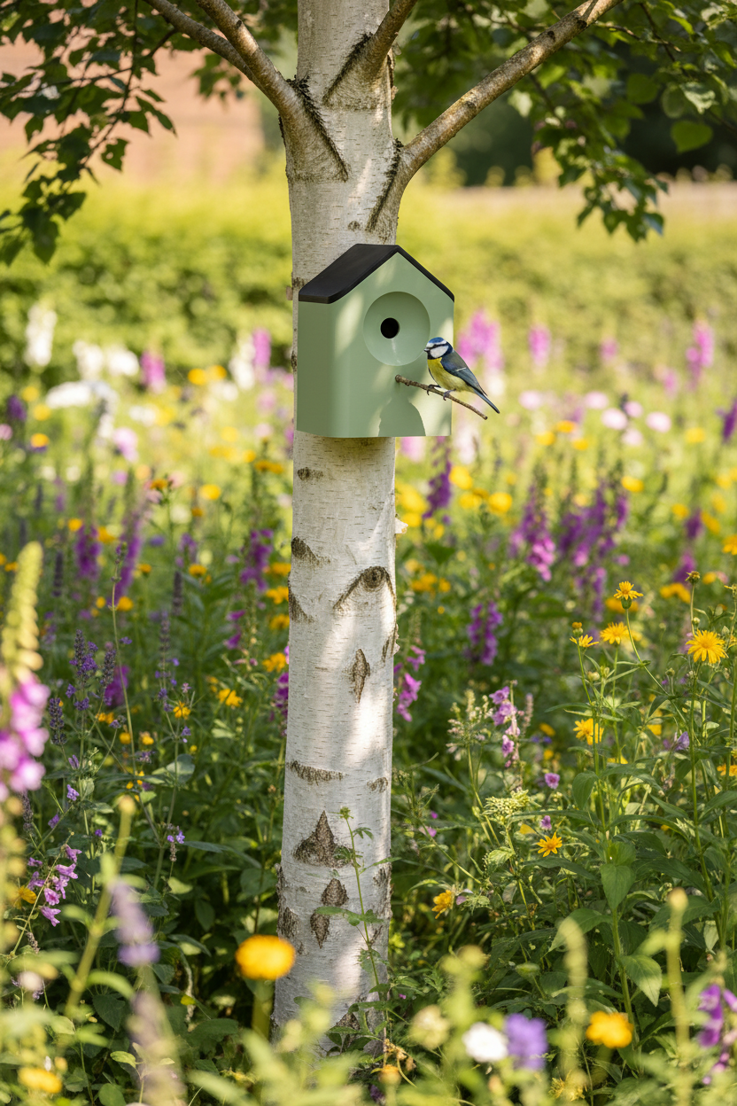 Sage green bird house on silver birch tree - lifestyle