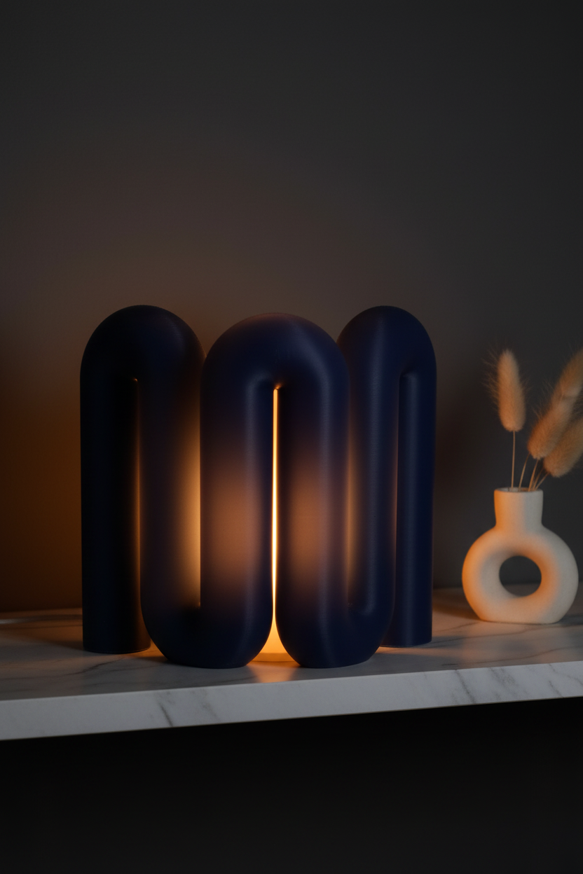 Wibble Curtain E27 Lamp warm amber glow translucent deep navy blue matte arch tube cluster pale marble shelf moody minimal bedroom sculptural candle holder dried pampas grass warm atmospheric evening glow dark charcoal wall portrait