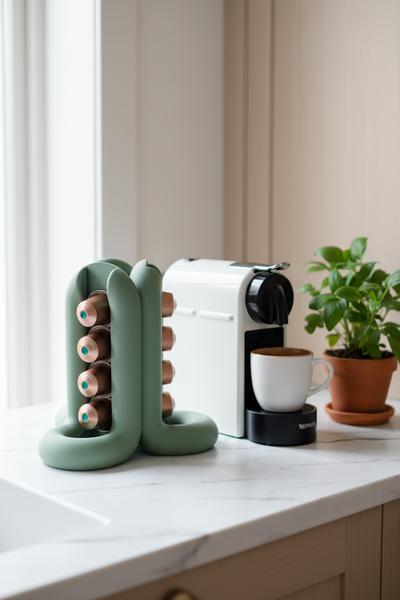 Sage green wibble pod holder on marble worktop Scandi kitchen - lifestyle