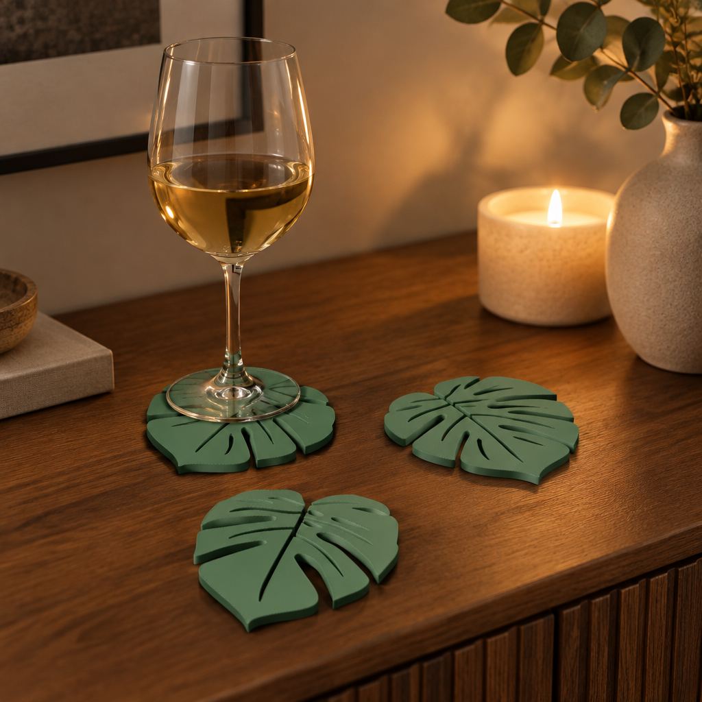 Sage green monstera leaf coasters with a glass of white wine on a wooden sideboard lit by candlelight