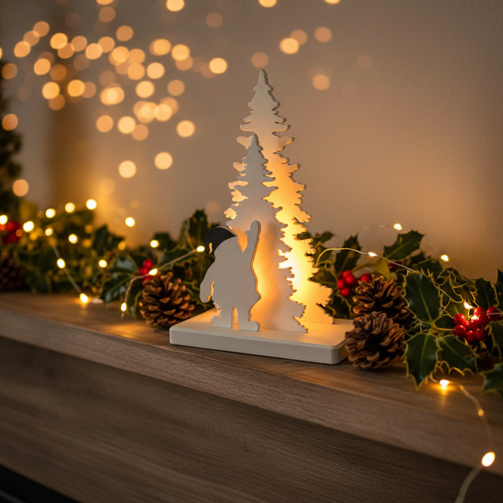 Close-up of Santa tree scene glowing on mantelpiece with holly and pine cones lifestyle