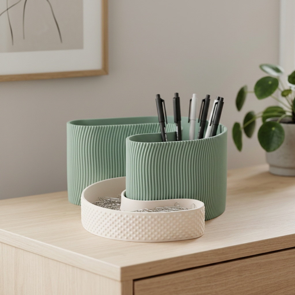 Modern Minimalist Interlocking Desktop Organizer - sage green oak desk with pens