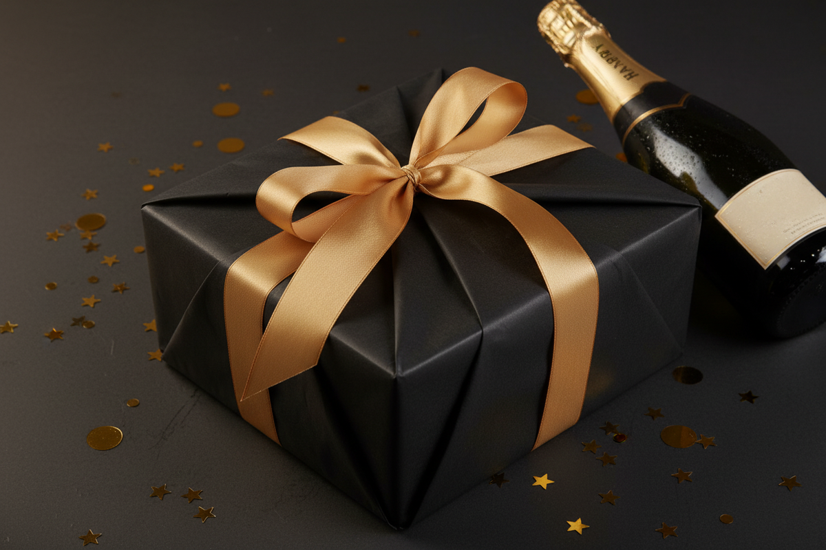 Happy New Year shadow box presented as a gift with black tissue paper, gold ribbon and a champagne bottle