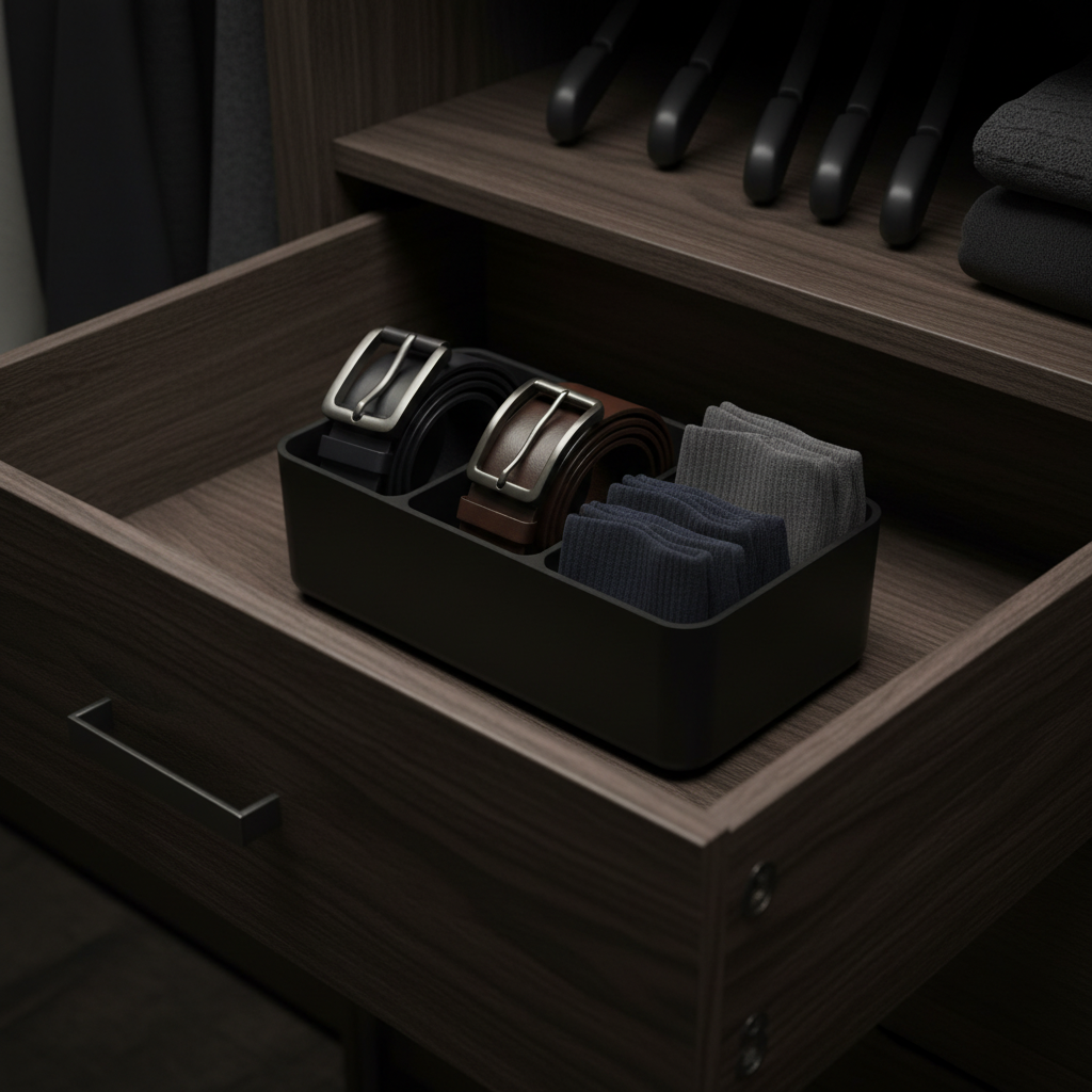 Matte black belt organizer in wardrobe drawer with rolled belts and socks