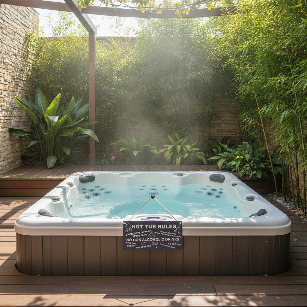 Hot Tub Rules Sign shown at realistic scale beside a sunny outdoor hot tub
