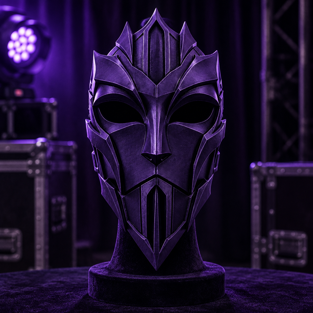 Purple full-face knight mask in a theatrical backstage setting, no strap included