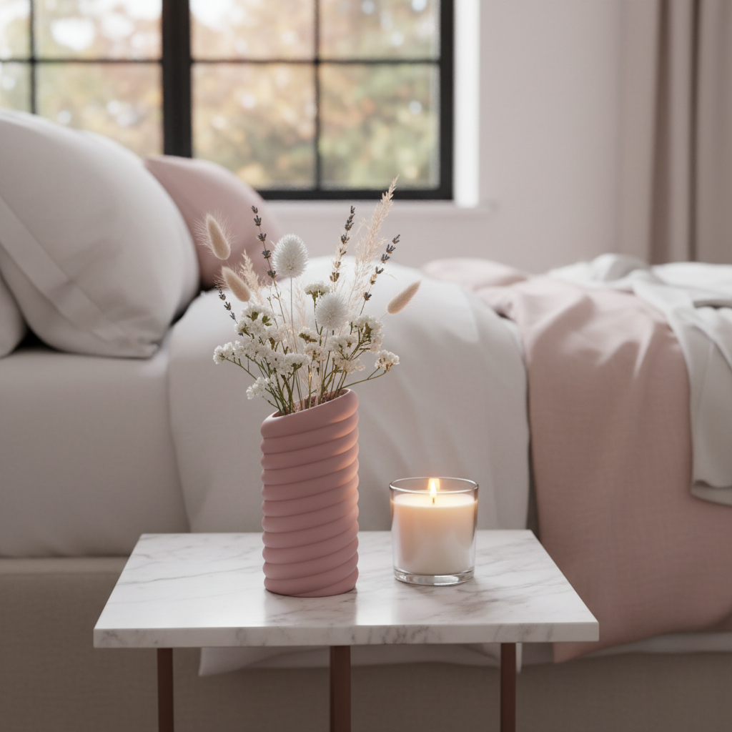 Dusty pink swirly vase with dried wildflowers on a marble side table with a candle