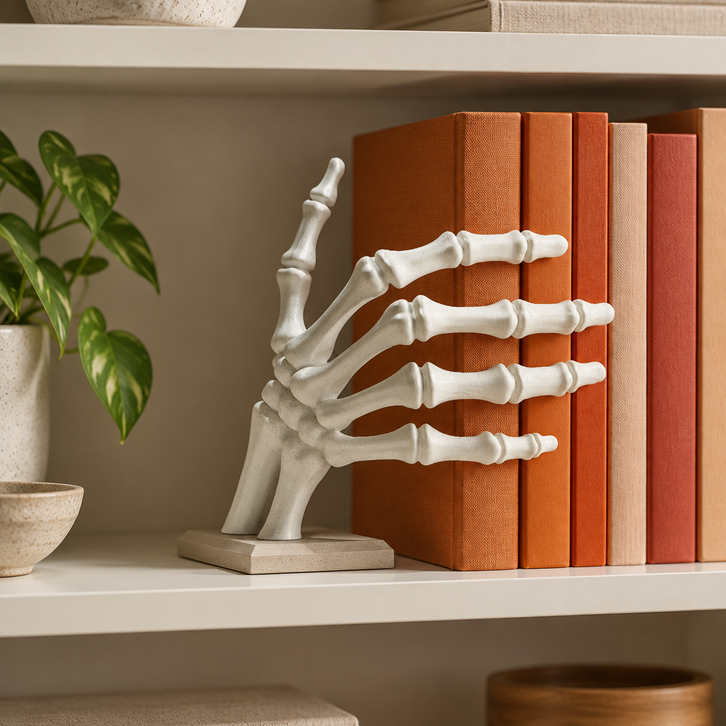 Skeleton hand bookstop on a cream shelf