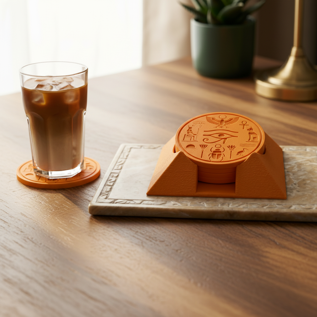 Ancient Egyptian Pyramid Coaster Set - Orange colourway on dining table