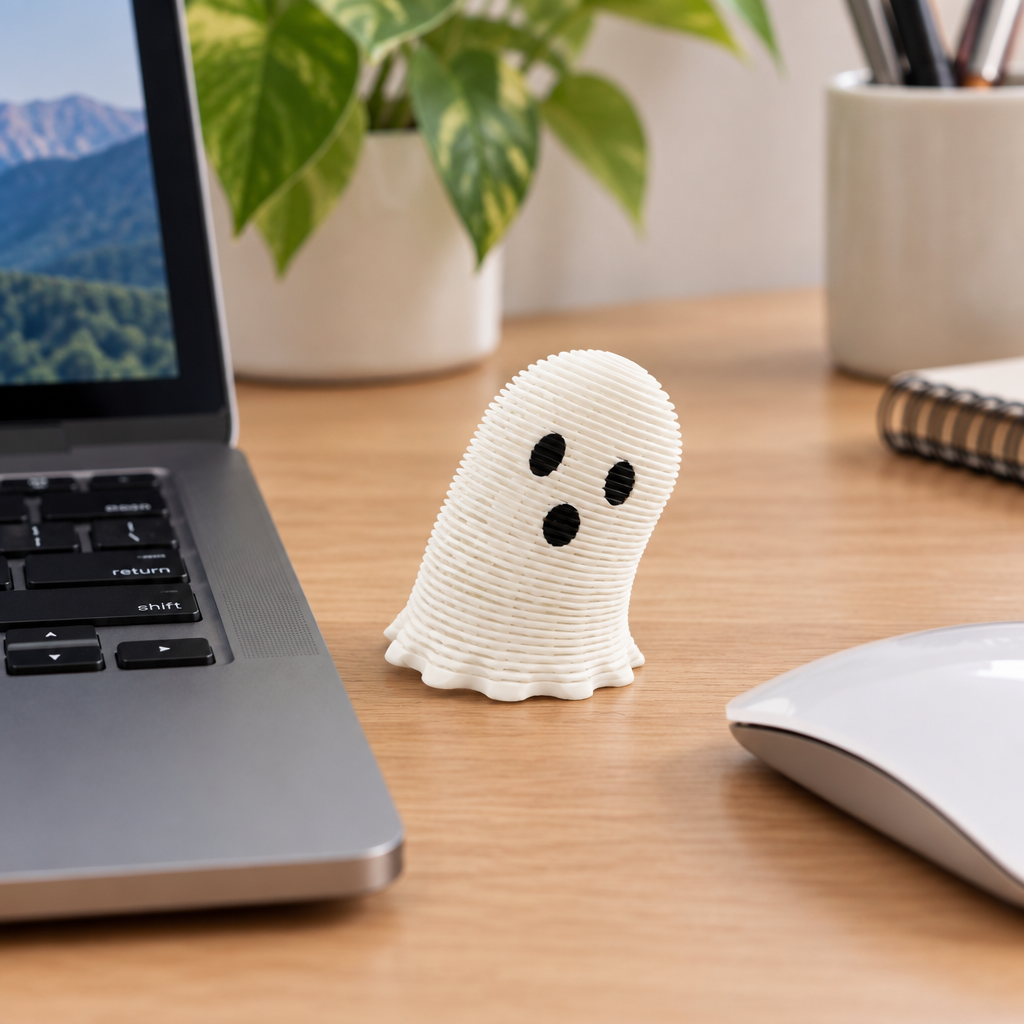 White Ghost Spring beside a laptop in a tidy modern workspace