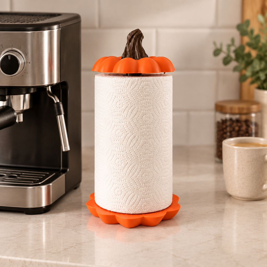 Orange pumpkin towel holder beside a coffee machine and mug