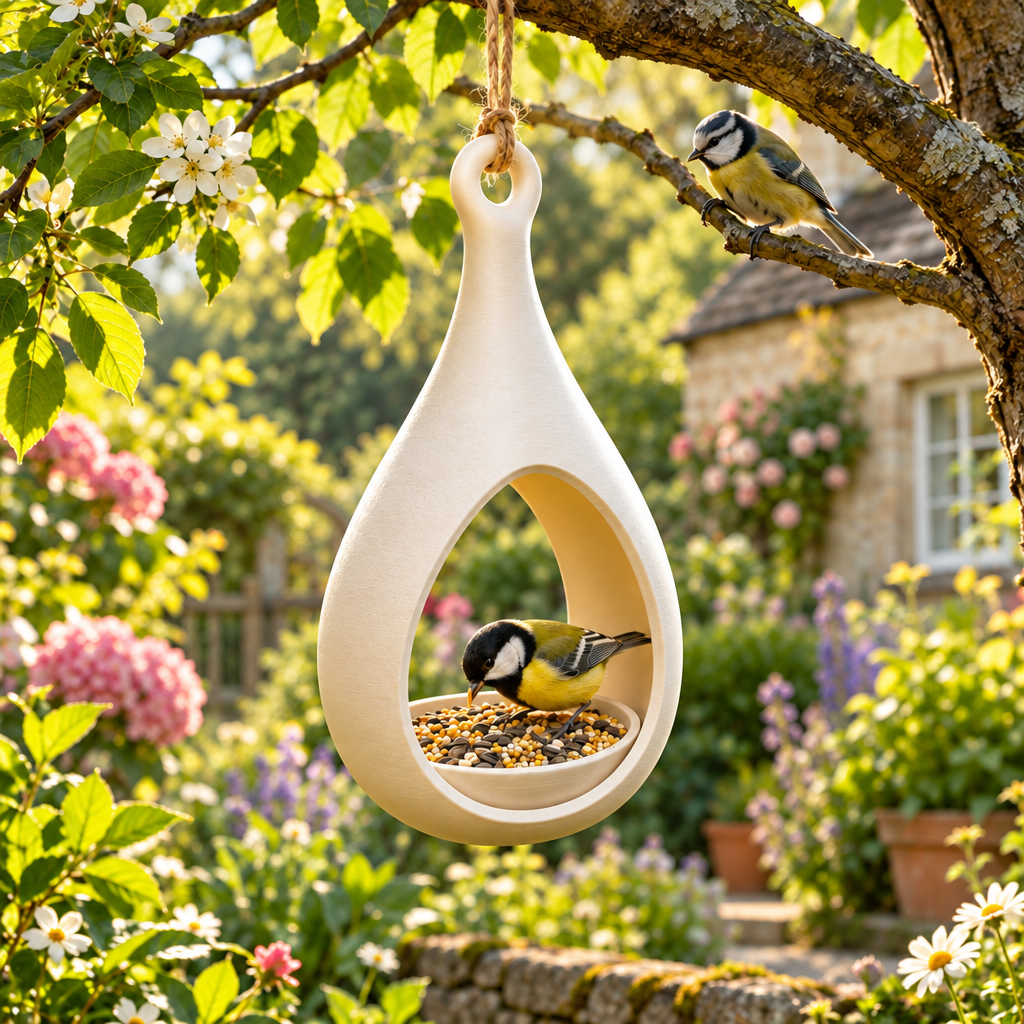 Elegant Drop bird feeder in a cottage garden