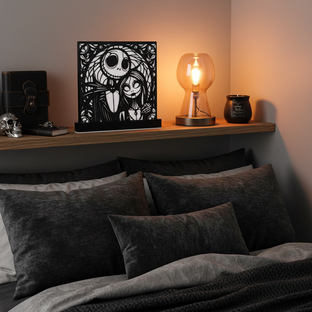 Jack and Sally Nightmare Before Christmas shadow box display on a bedroom shelf