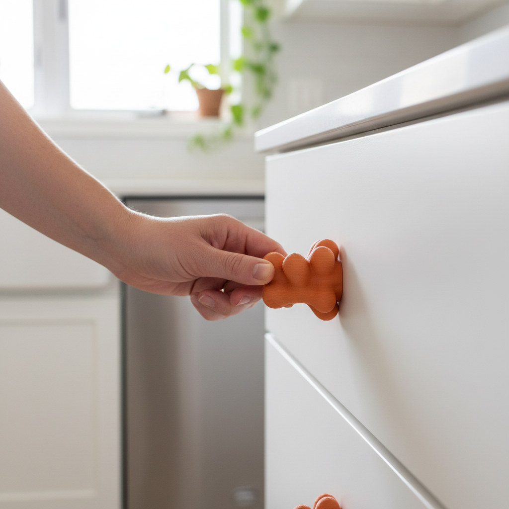 Hand pulling orange wibble handle on kitchen drawer - lifestyle