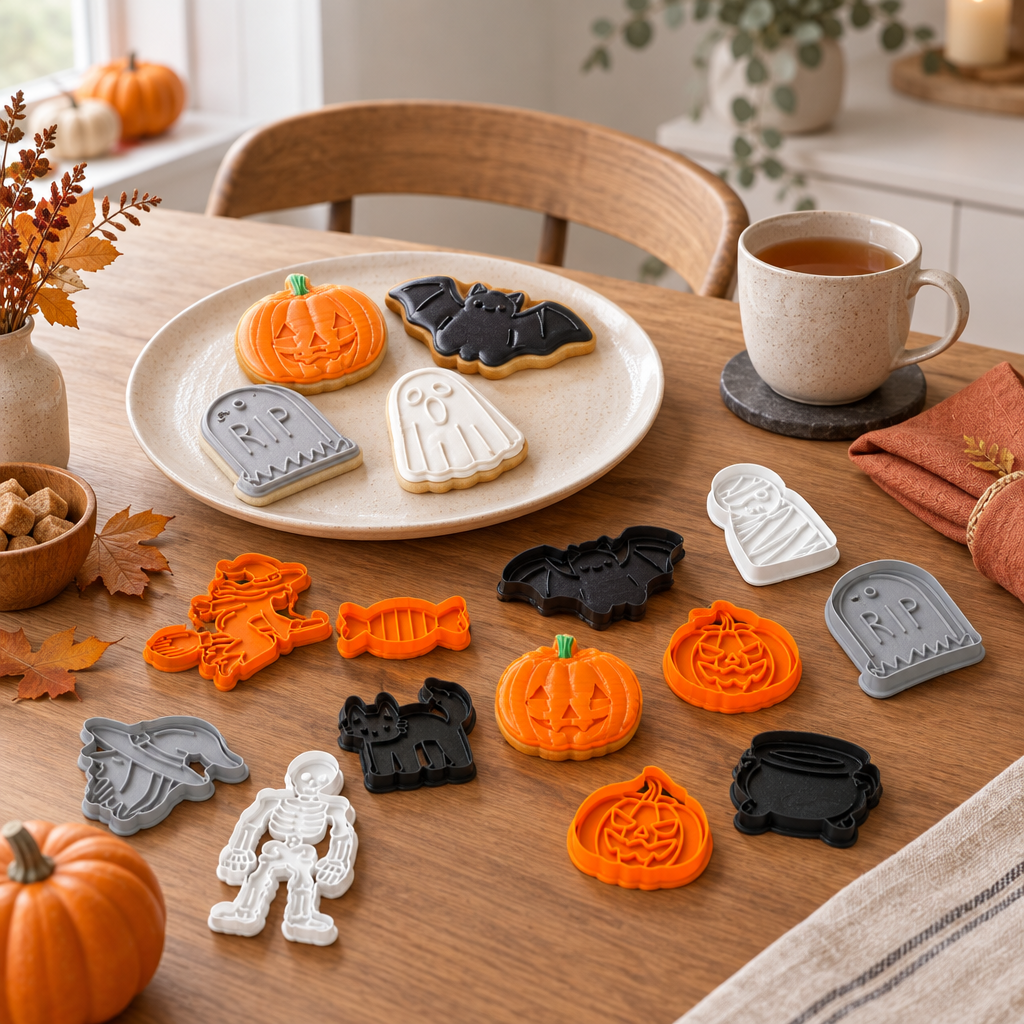 Halloween biscuits and cutters arranged for an autumn tea-time table