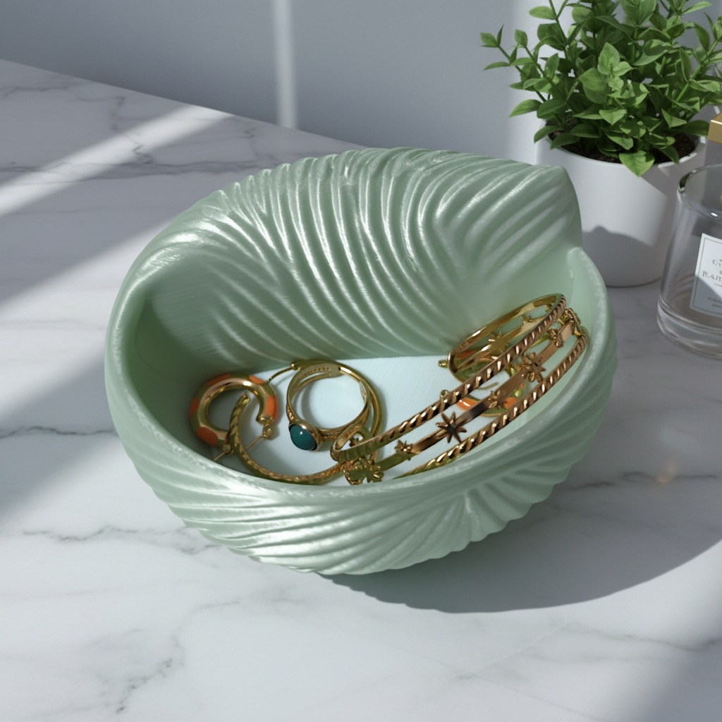 Sage green seashell jewellery bowl on marble counter with gold rings and plant