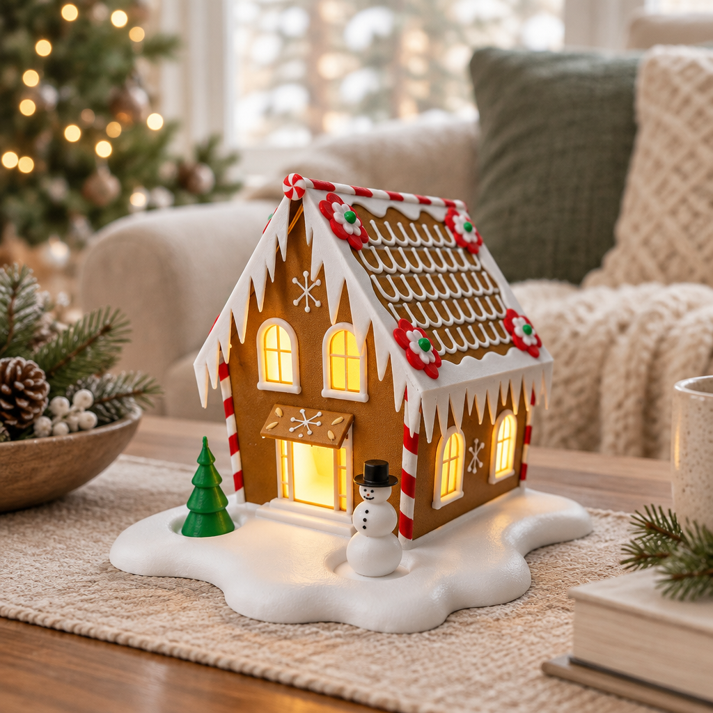Snowy gingerbread cabin tealight holder on a coffee table in a cosy neutral living room