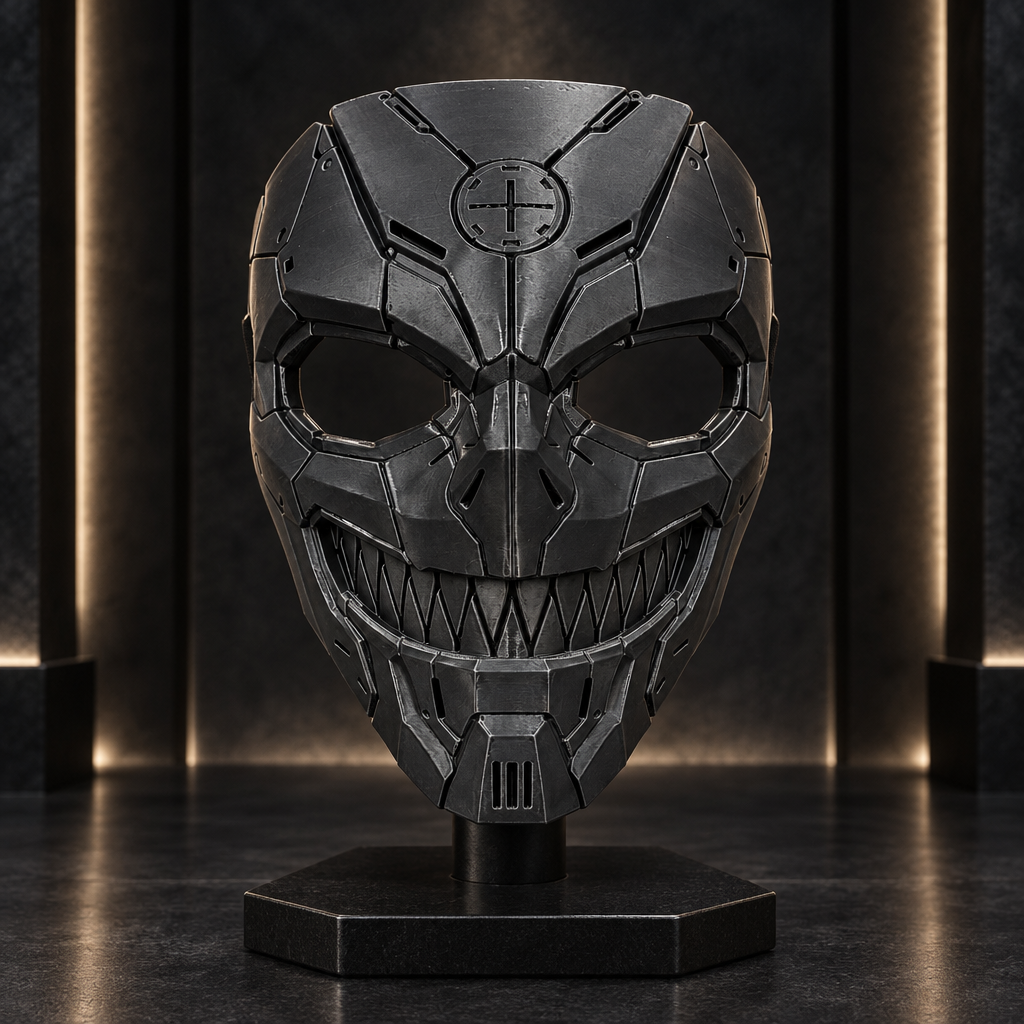 Tech Devil mechanical skull mask in matte black on display in a cyber-gothic gallery, without a strap