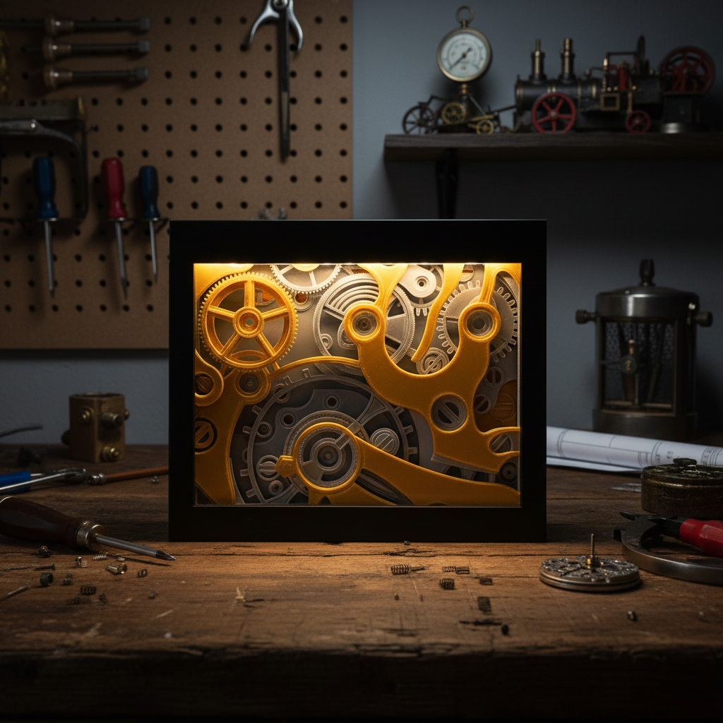 Clockwork Shadow Box displayed in a man cave or workshop setting with tools and mechanical objects