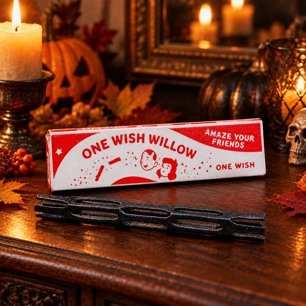 One Wish Willow black stick and presentation box on a Halloween sideboard