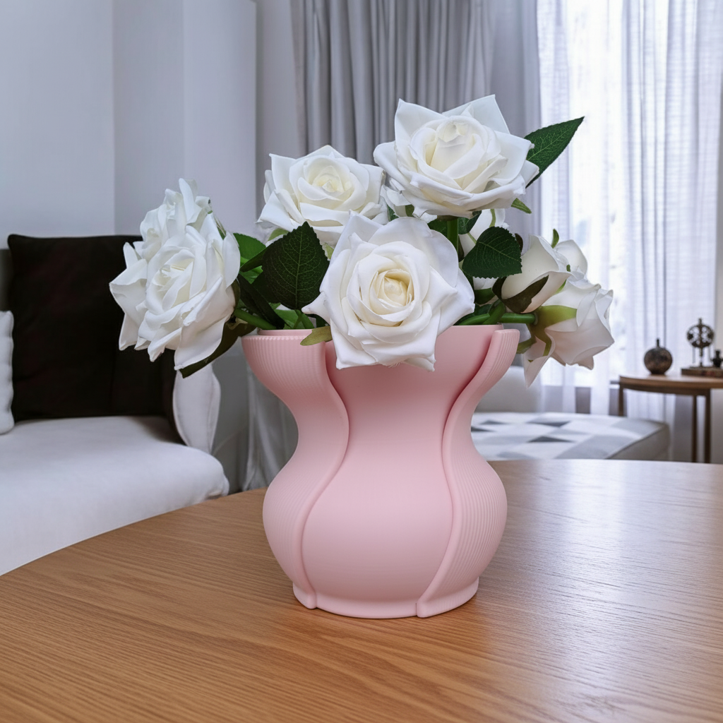 Aera vase in dusty purple with white roses on a wooden dining table in a bright living room