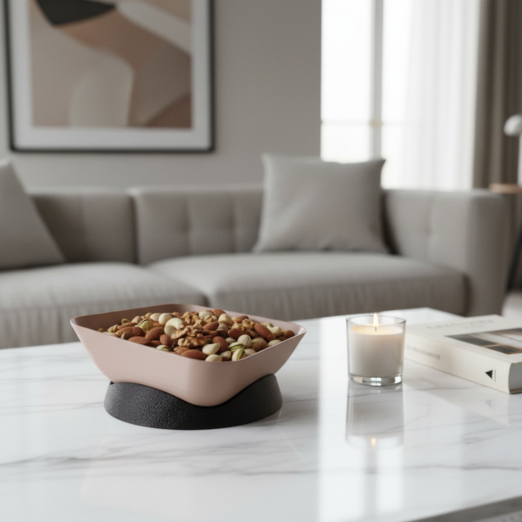 Dusty pink Modern Two-Piece Snack Bowl with mixed nuts on a marble coffee table with candle