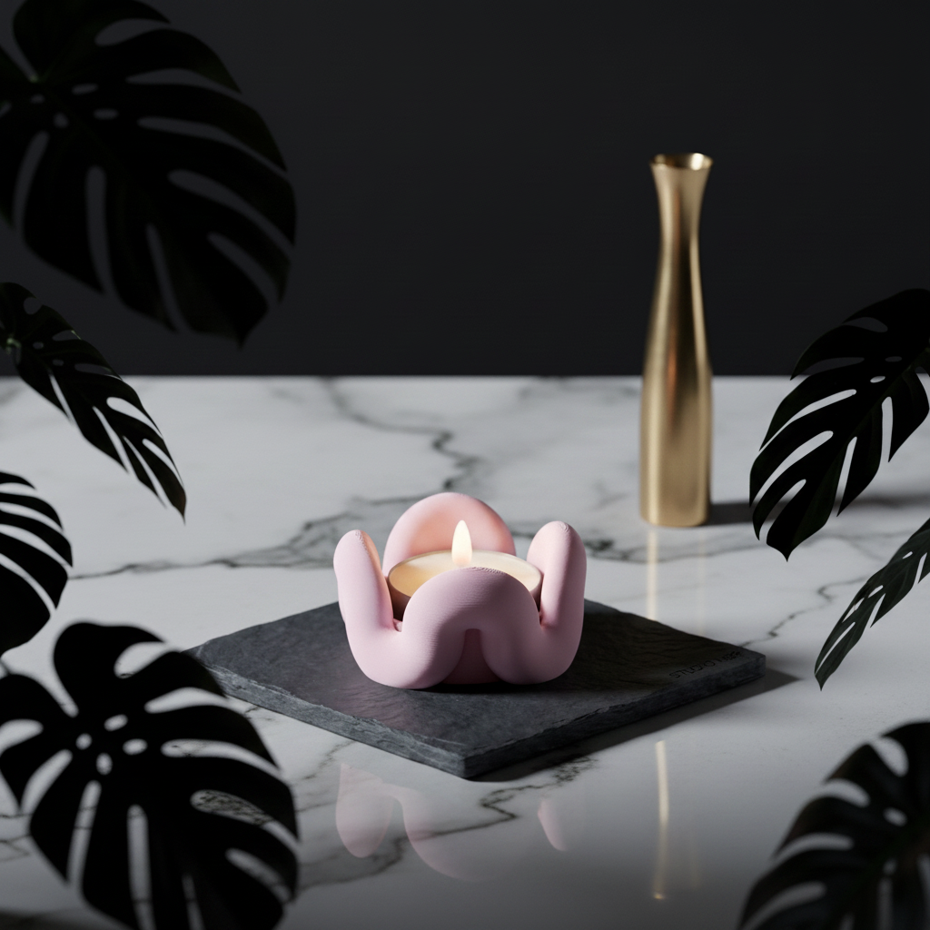 Wibble tealight holder on dark slate with brass vase and monstera leaf