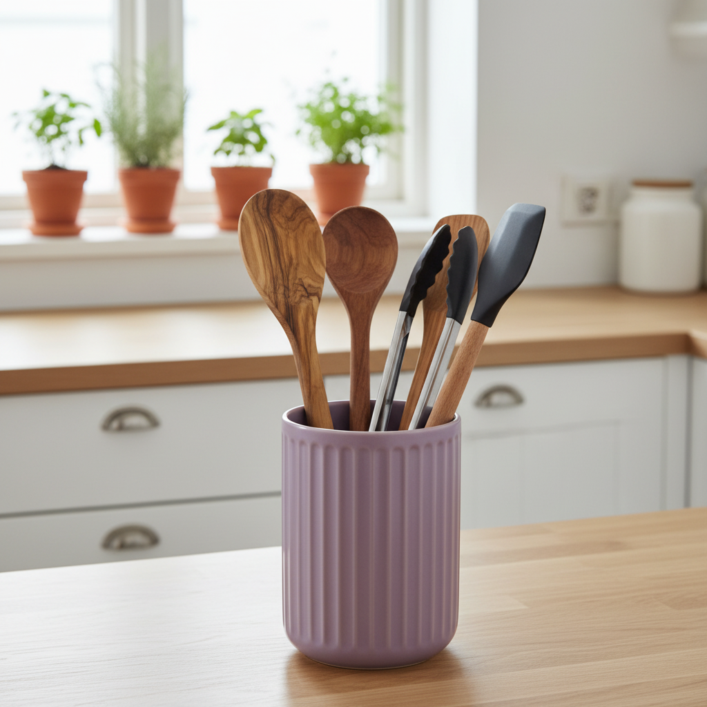 Japandi-Style Kitchen Utensil Holder in purple — lifestyle shot on oak worktop, bright Scandinavian kitchen