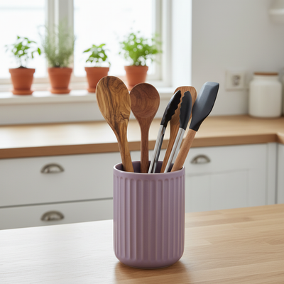 Japandi-Style Kitchen Utensil Holder in purple — lifestyle shot on oak worktop, bright Scandinavian kitchen