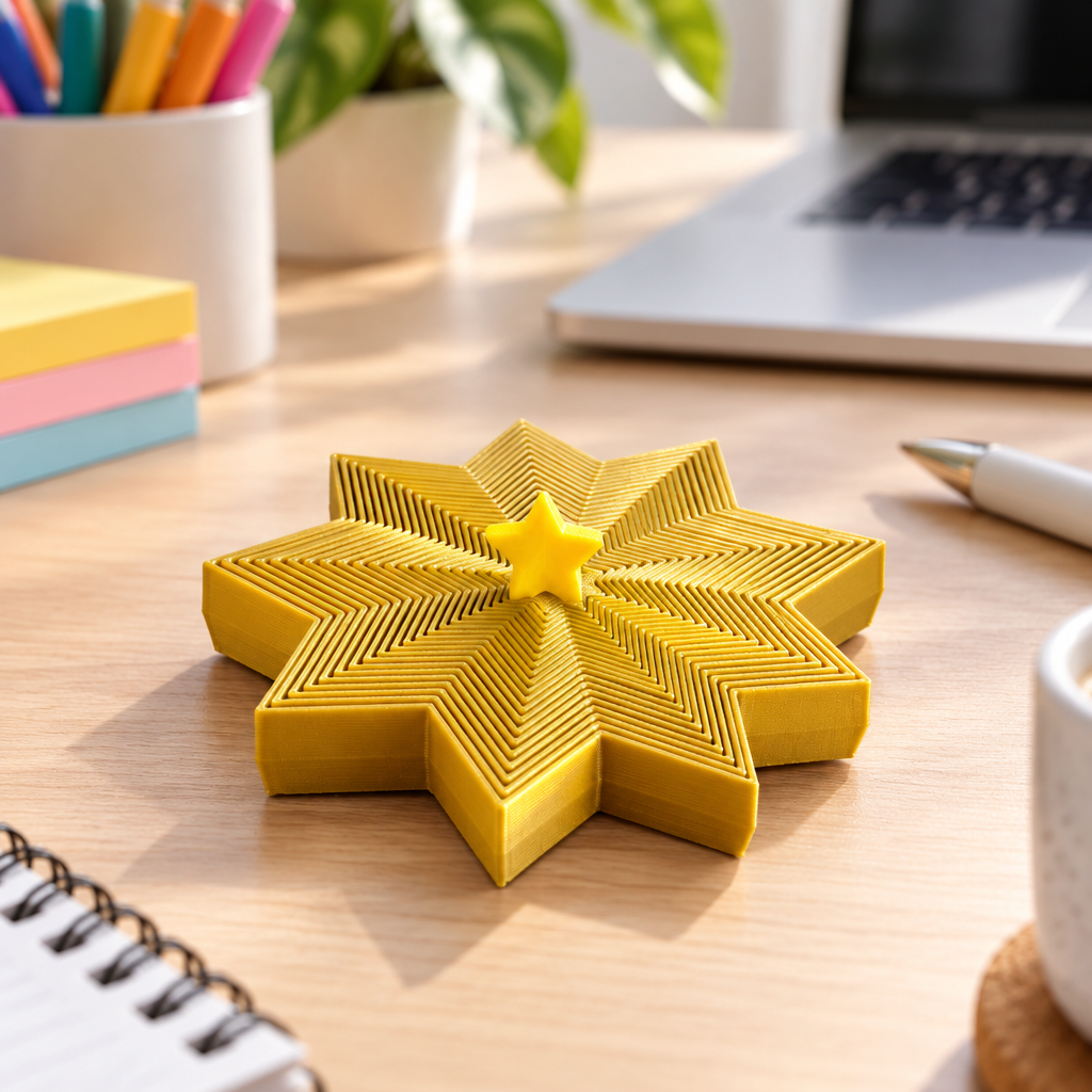 Gold star-shaped fidget spinner with a yellow centre star on a bright home-office desk