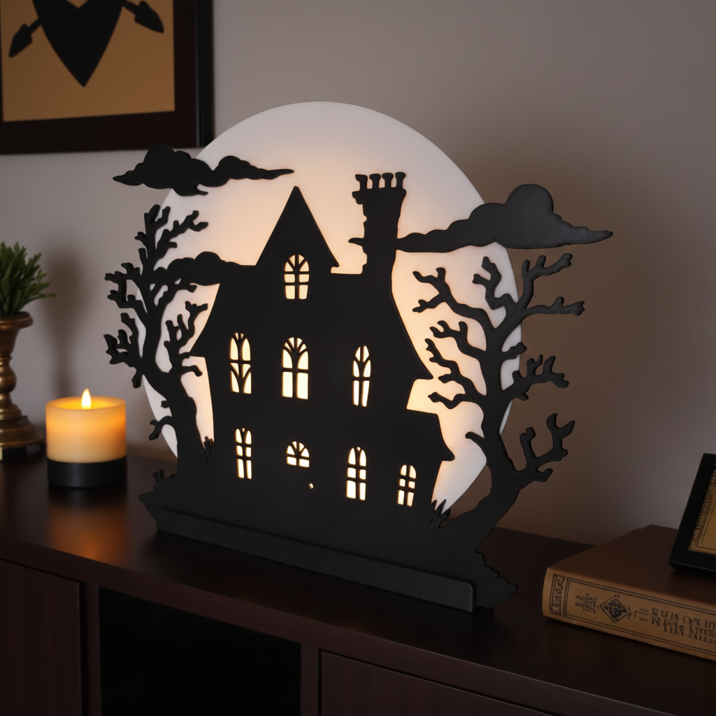 Haunted house decoration glowing on dark dresser with candle and autumn leaves Halloween lifestyle