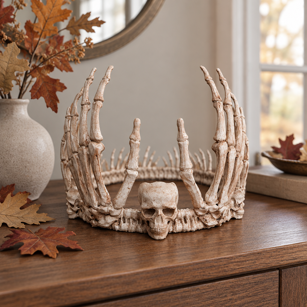 Skeleton Crown styled on an entryway console with autumn leaves