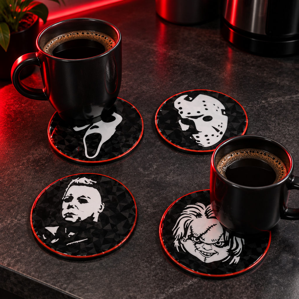 Four horror character coffee coasters styled with mugs on a charcoal kitchen counter