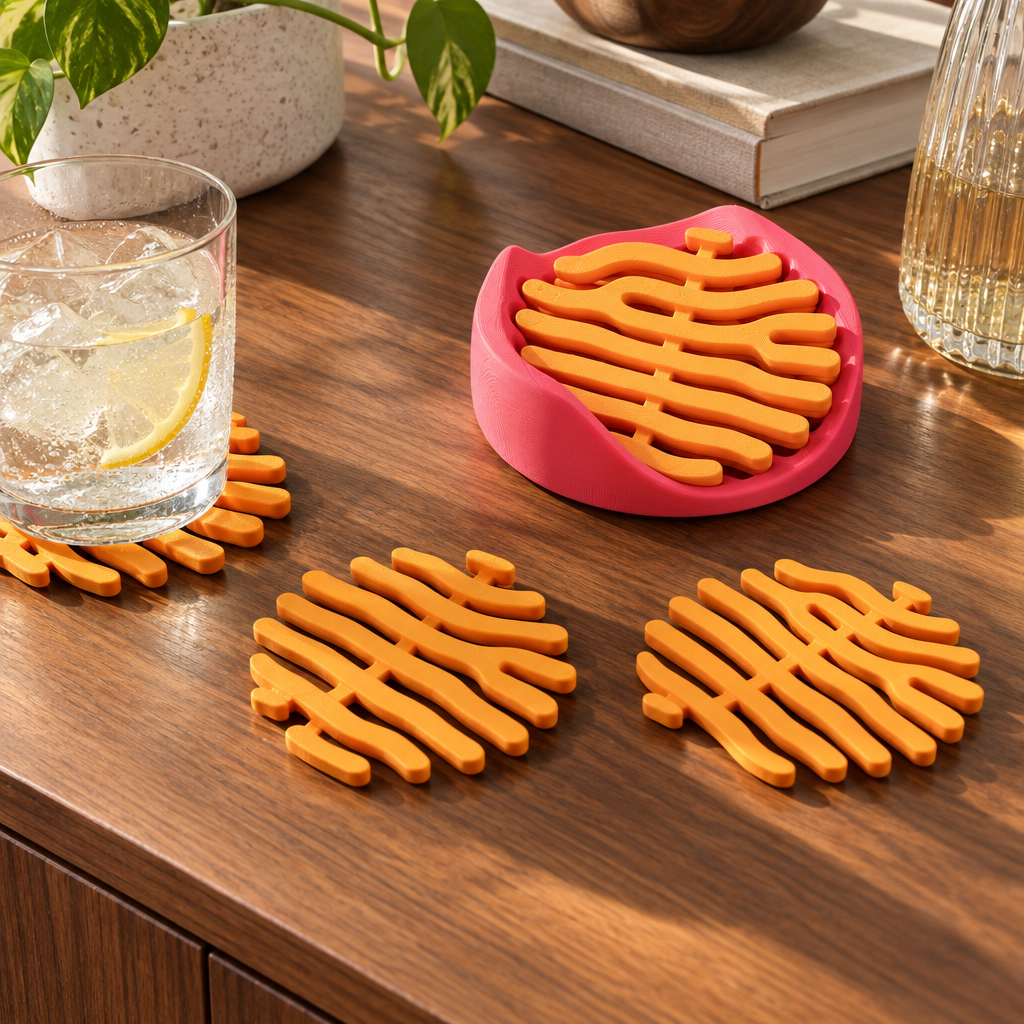 Coral coaster set on walnut sideboard