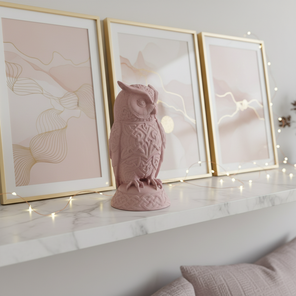Dusty pink Celtic Owl Sculpture on a marble shelf with abstract art prints and fairy lights