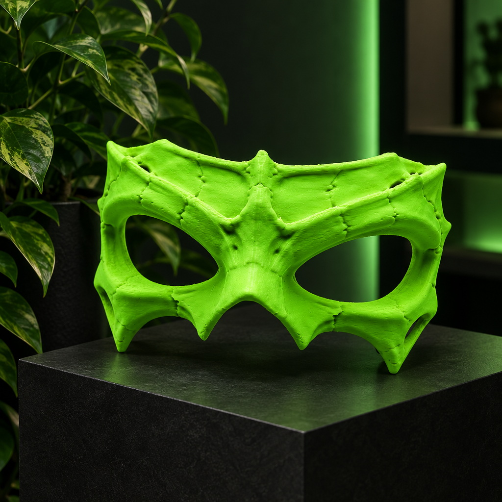 Neon Green Bone Wraith Mask on a pedestal in a modern living space.