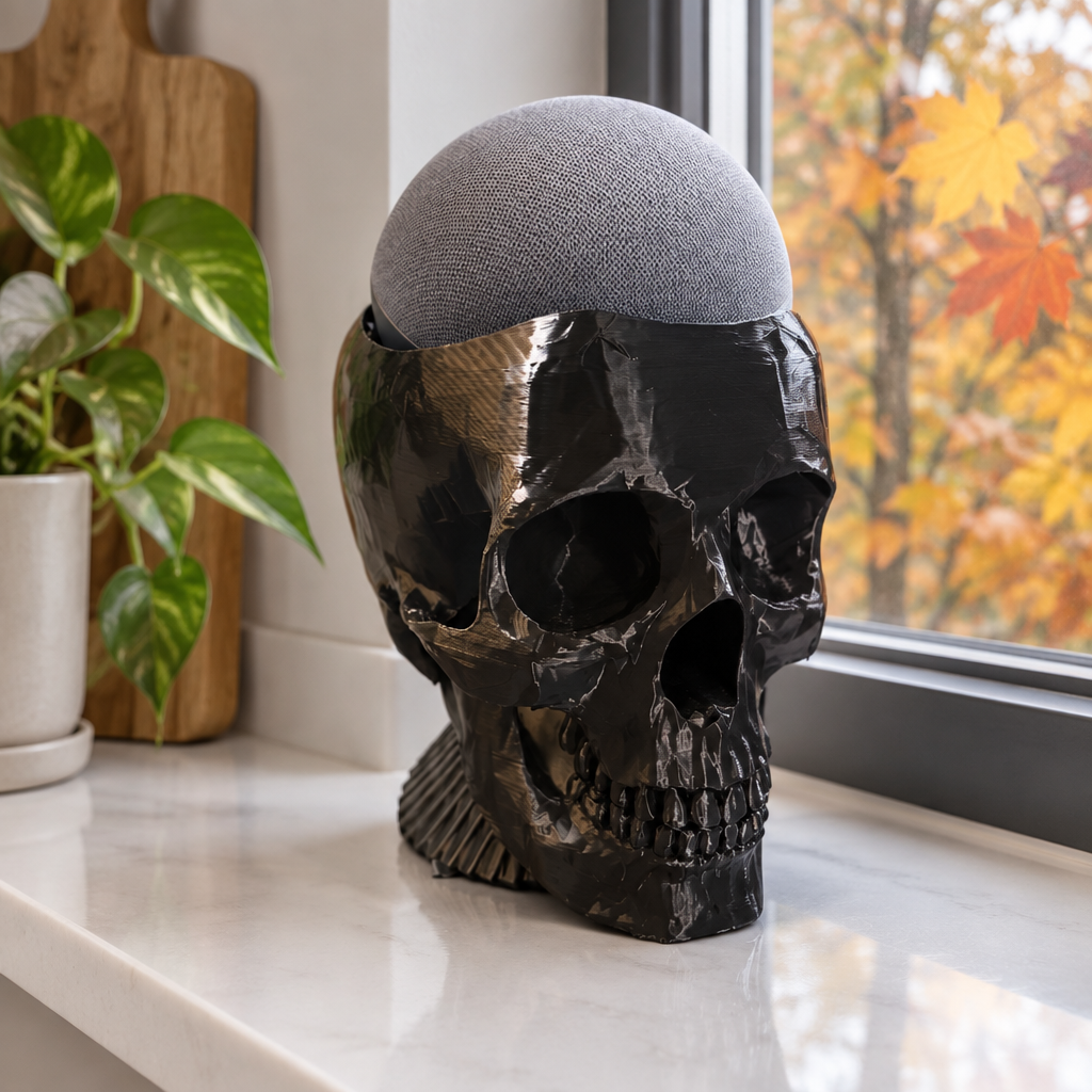 Large glossy black skull with a grey smart speaker as the dome on a windowsill with autumn leaves