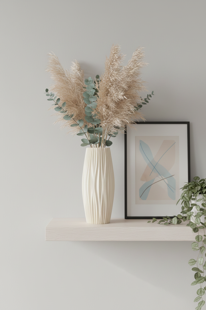 Ivory white ribbed vase with pampas grass on oak shelf Scandi living room - lifestyle