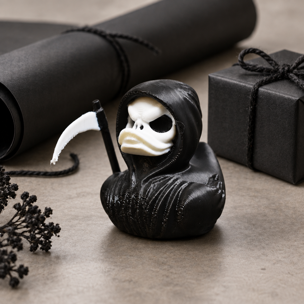 Grim Reaper bath duck presented as a quirky gothic gift