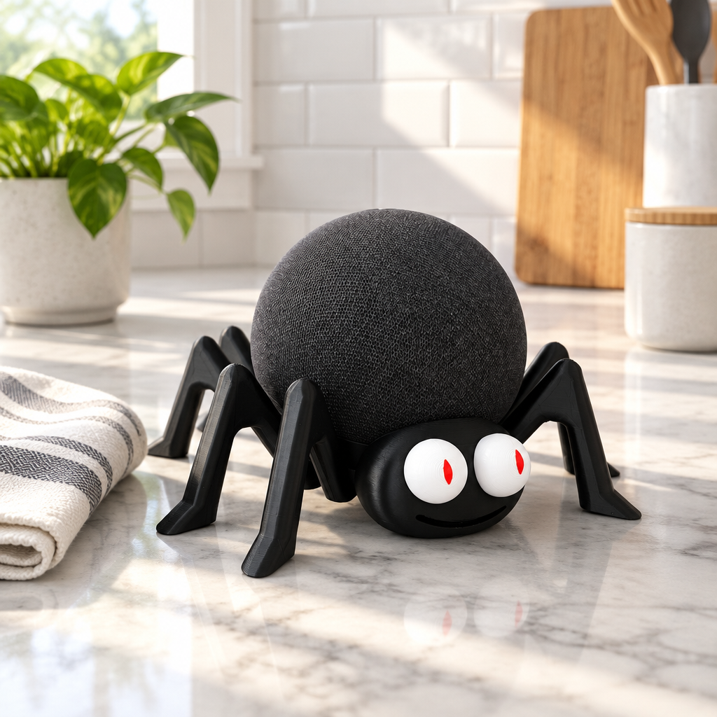 Spider Echo Dot skin on a marble kitchen counter beside a folded tea towel