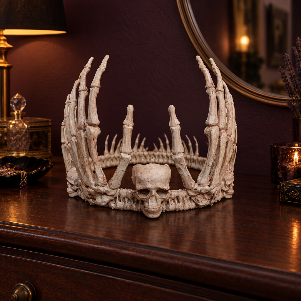Skeleton Crown displayed upright on a dresser in a moody bedroom