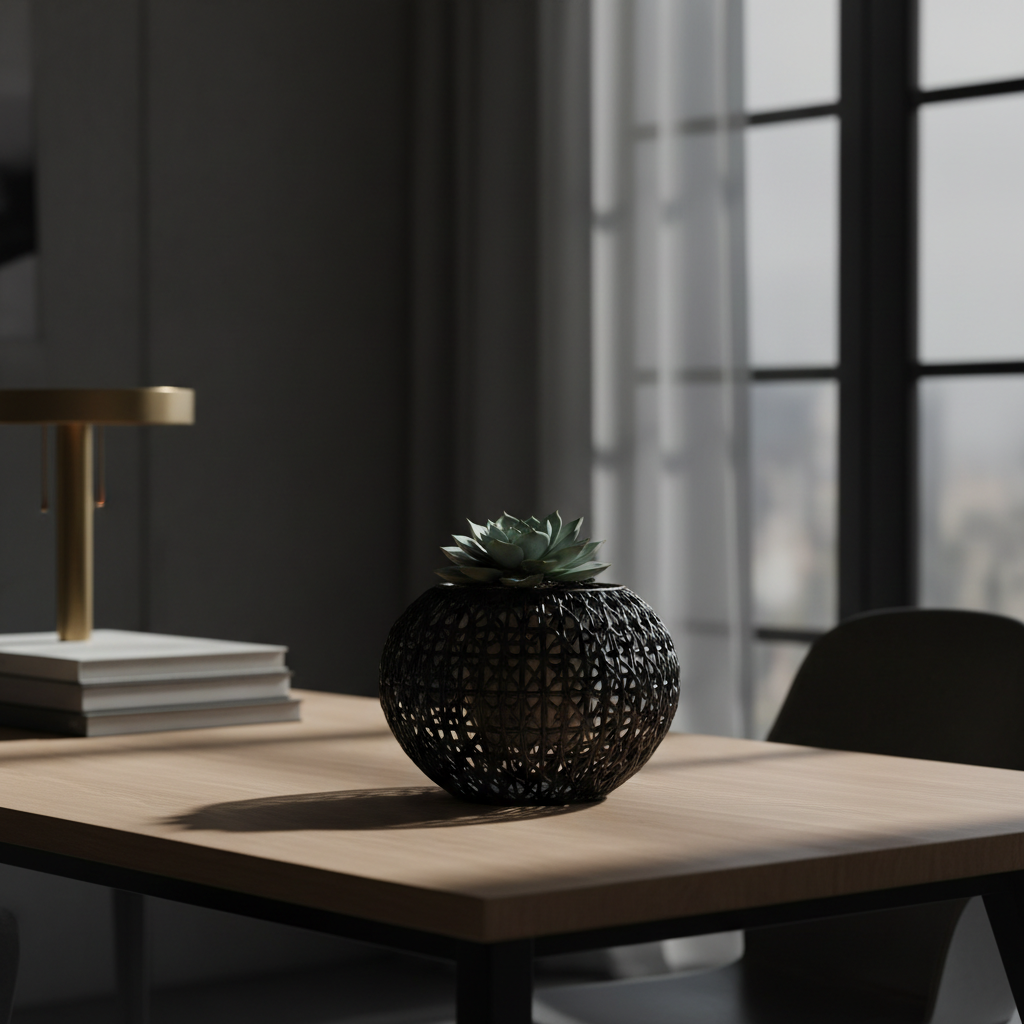 Rattan Retro Bloom Planter in matte black — moody desk lifestyle