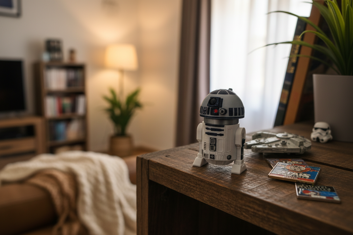 Star Wars R2-D2 Springie on a wooden shelf alongside small Star Wars collectibles in a warm cosy home